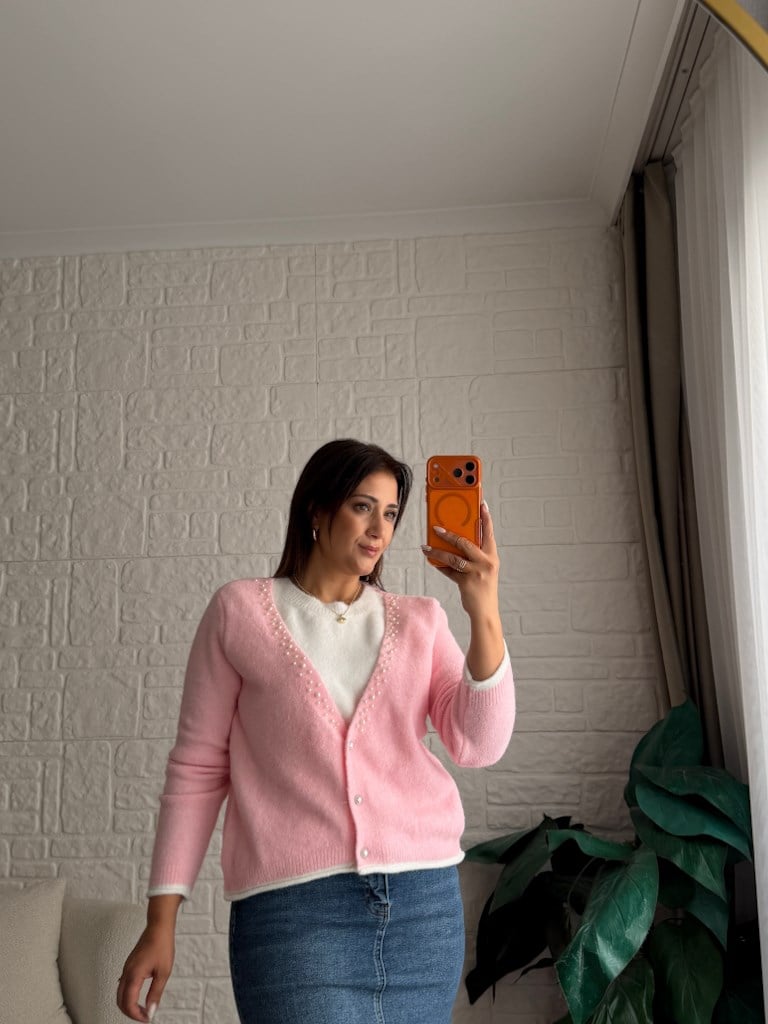 V Yaka İnci Detaylı İçi Trikolu Pembe Beyaz  Hırka