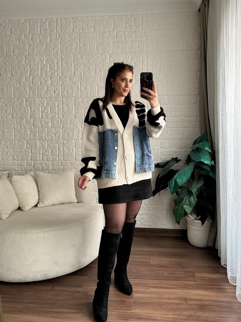 V Yaka Jean Detaylı Yazı Pançlı Oversize Hırka