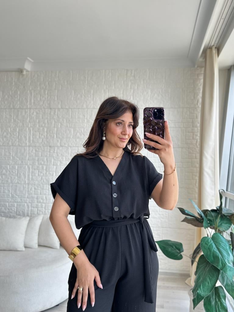 V Yaka Önü Düğmeli Aerobin Tulum Siyah