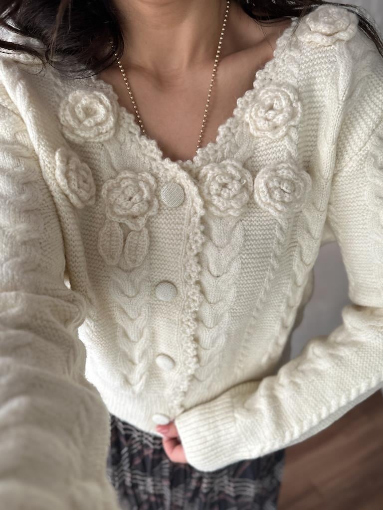 V Yaka Örme Gül Detay Triko Hırka