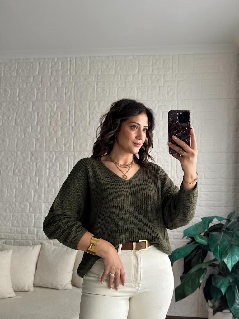 V Yaka Selanik Örme Triko Kazak Haki Yeşil