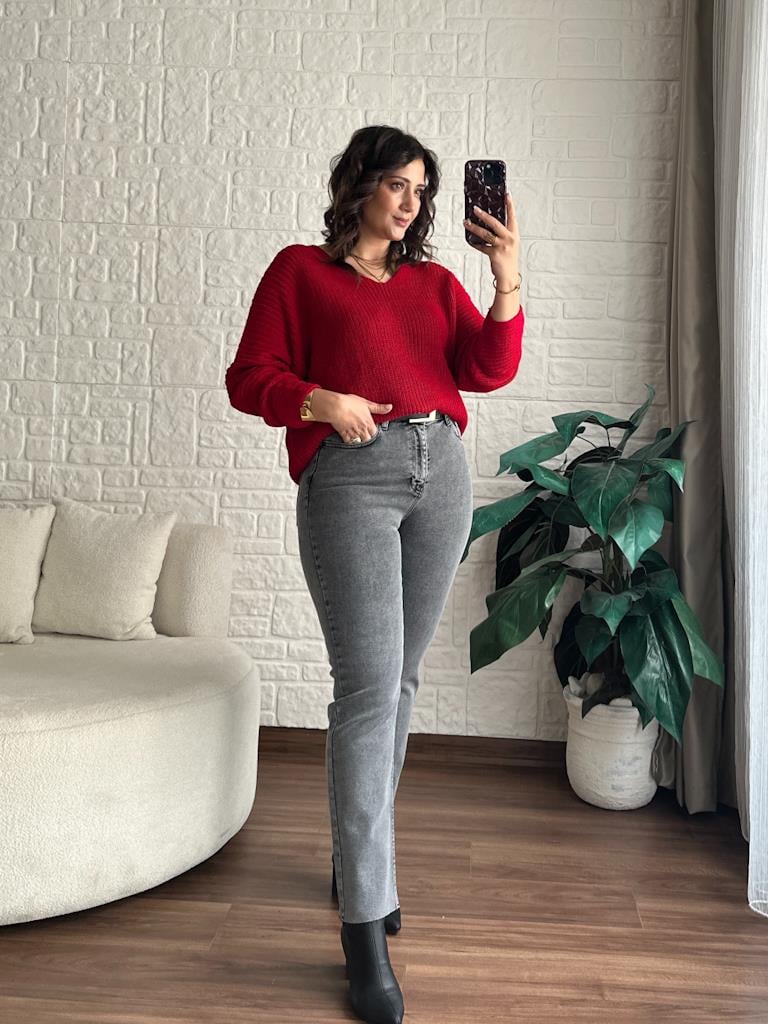 V Yaka Selanik Örme Triko Kazak Kırmızı