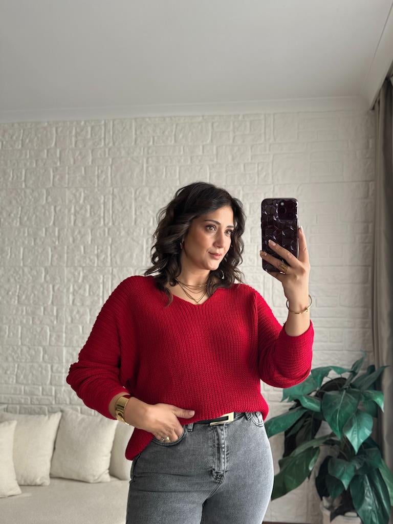 V Yaka Selanik Örme Triko Kazak Kırmızı