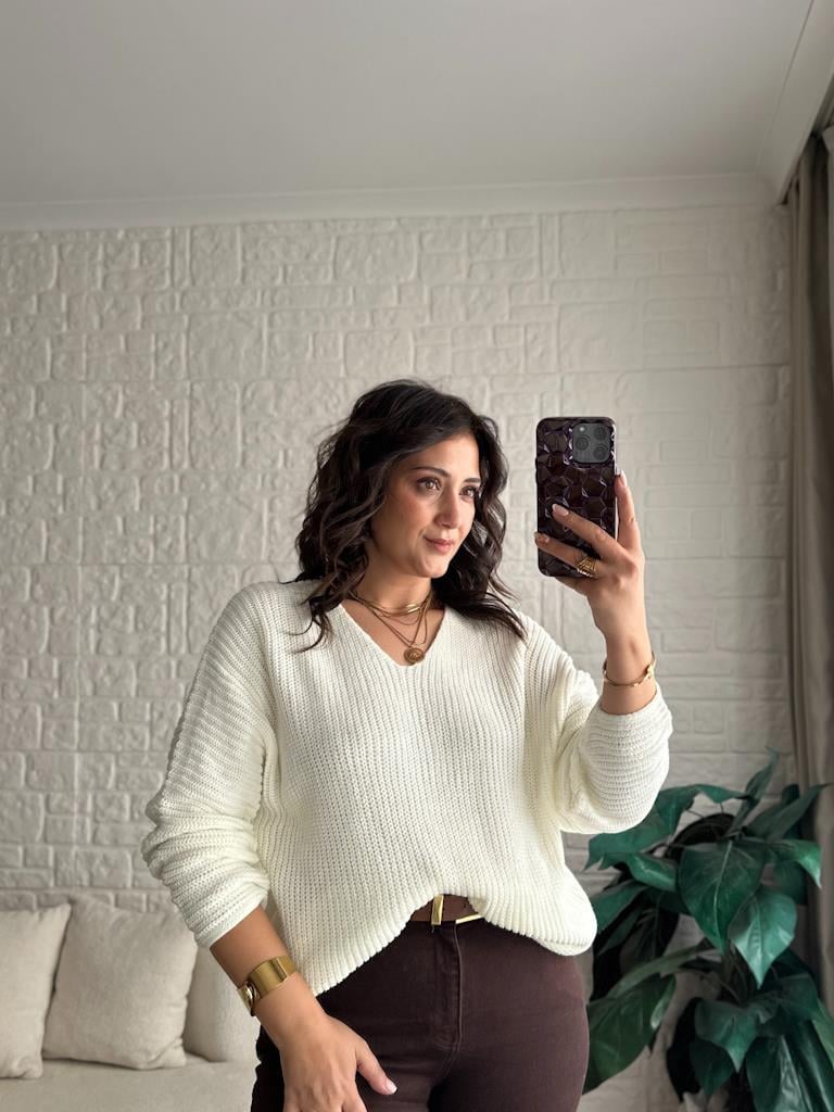 V Yaka Selanik Örme Triko Kazak Krem