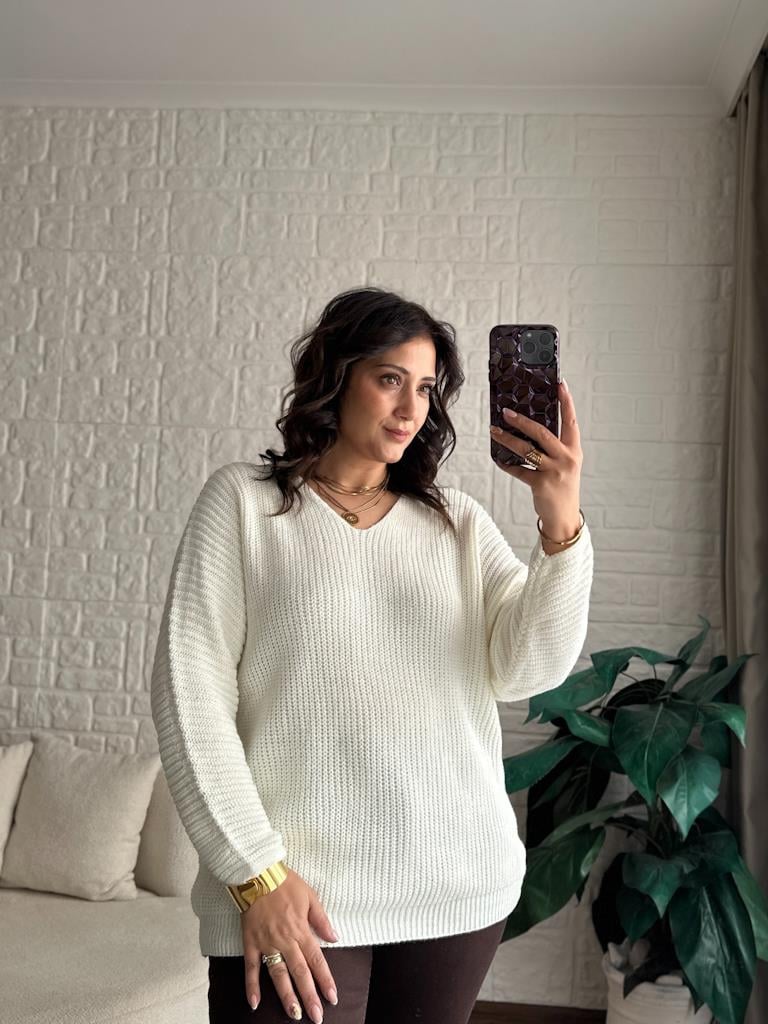 V Yaka Selanik Örme Triko Kazak Krem