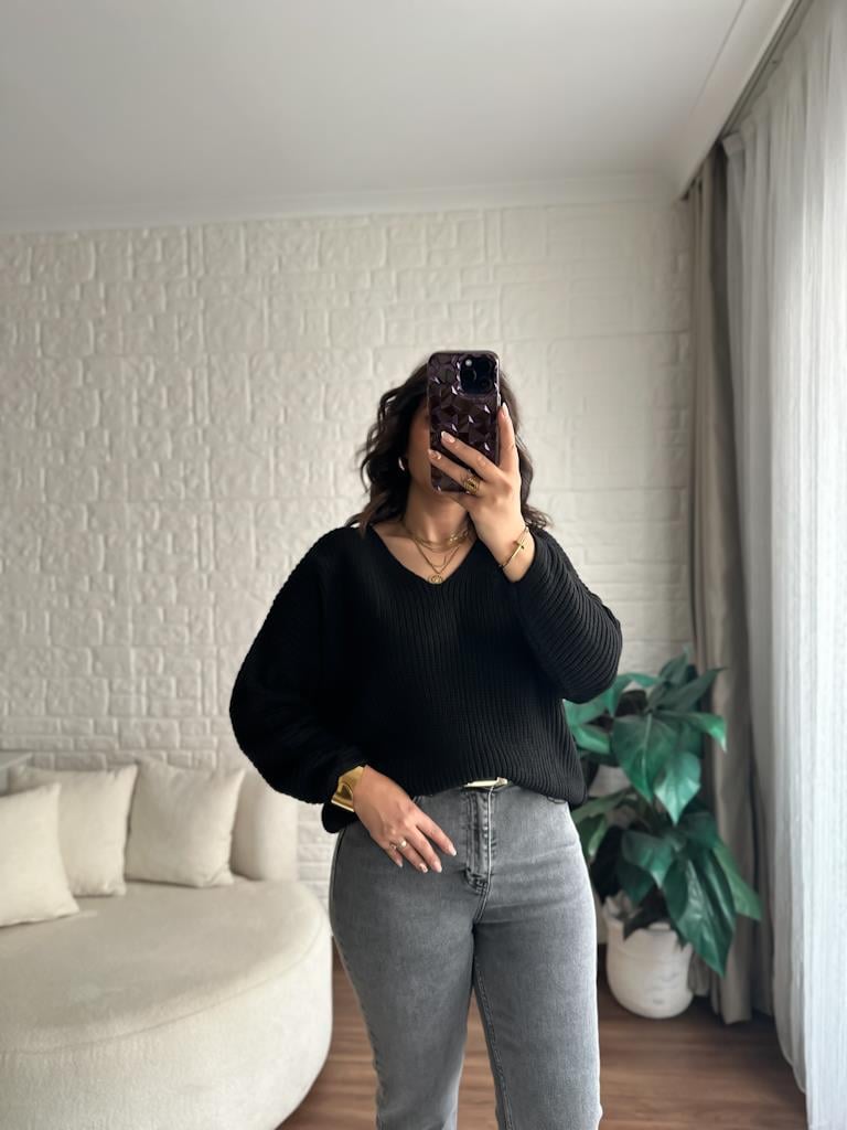 V Yaka Selanik Örme Triko Kazak Siyah