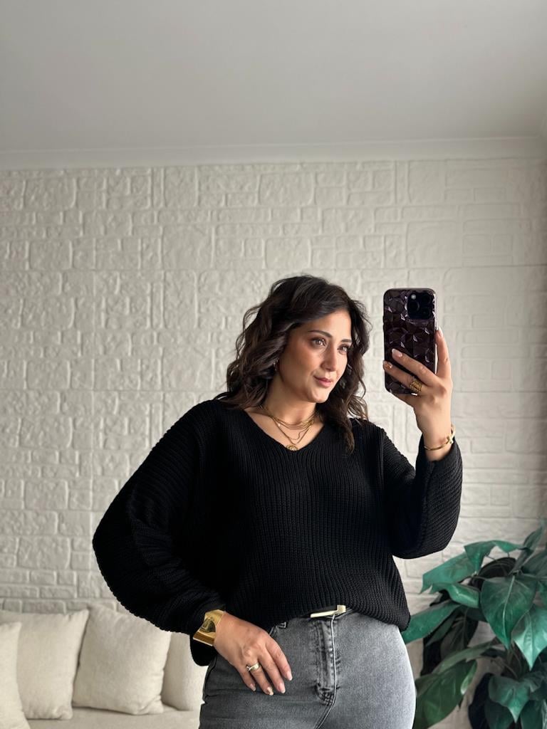 V Yaka Selanik Örme Triko Kazak Siyah