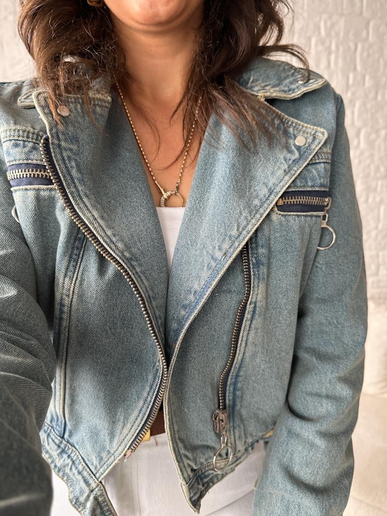 Vintage Model Fermuar Kaplamalı Kot Ceket