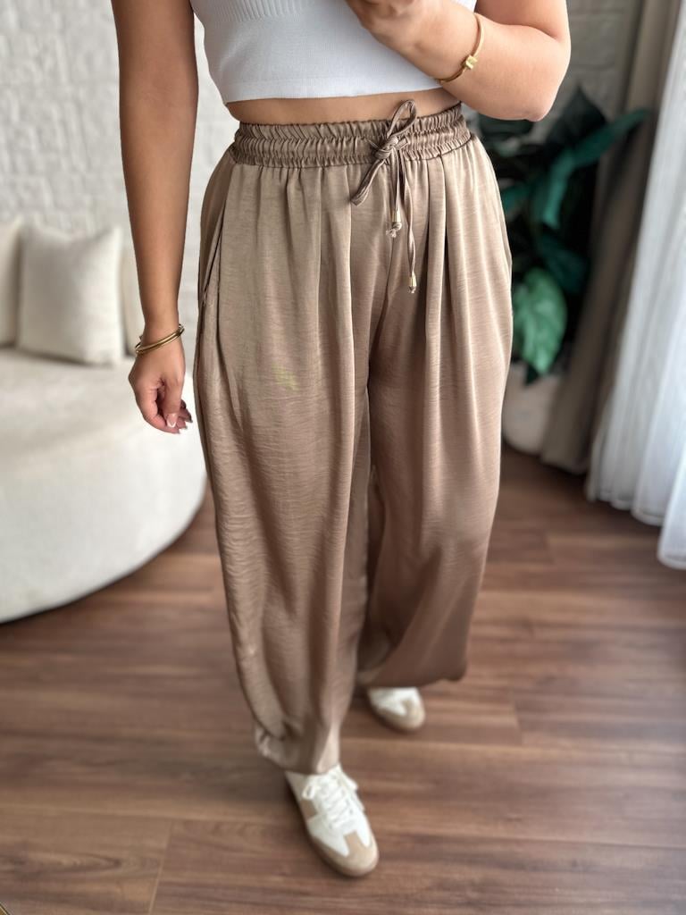Vizon Bel Bağcıklı Saten Şalvar Pantolon