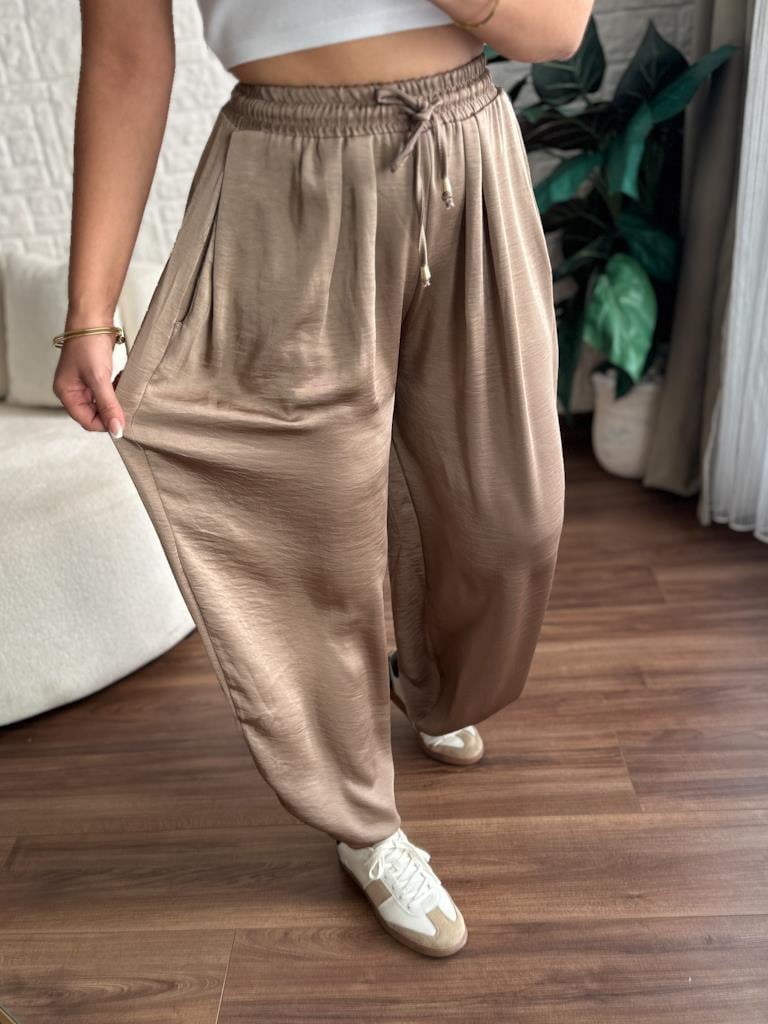 Vizon Bel Bağcıklı Saten Şalvar Pantolon
