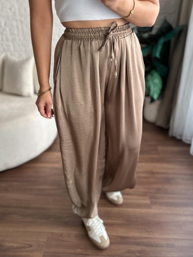Vizon Bel Bağcıklı Saten Şalvar Pantolon