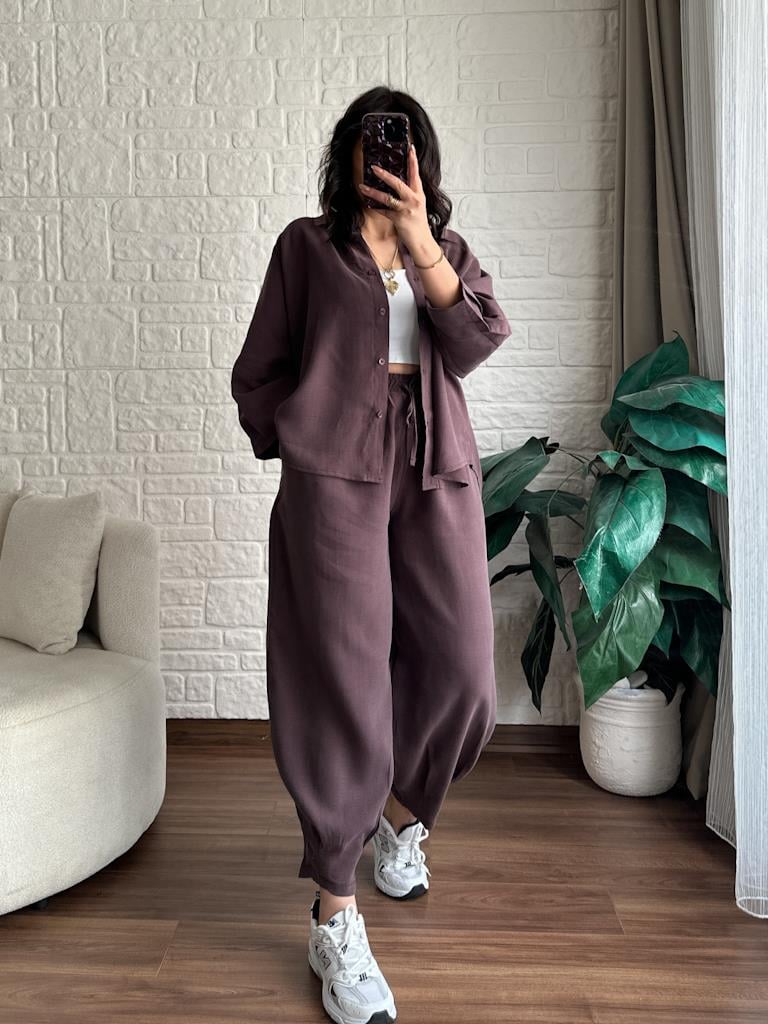 Yarasa Kol Tensel Kumaş Beli Lastikli Pantolon Takım Mürdüm