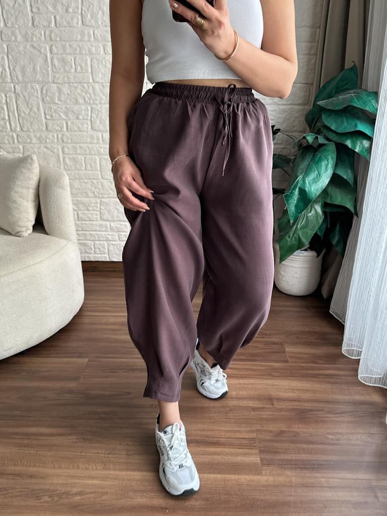 Yarasa Kol Tensel Kumaş Beli Lastikli Pantolon Takım Mürdüm