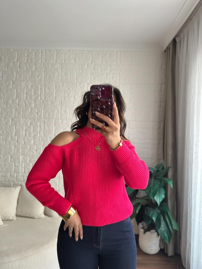 Yarım Balıkçı Omzu Açık Selanik Örme Triko Kazak Pembe