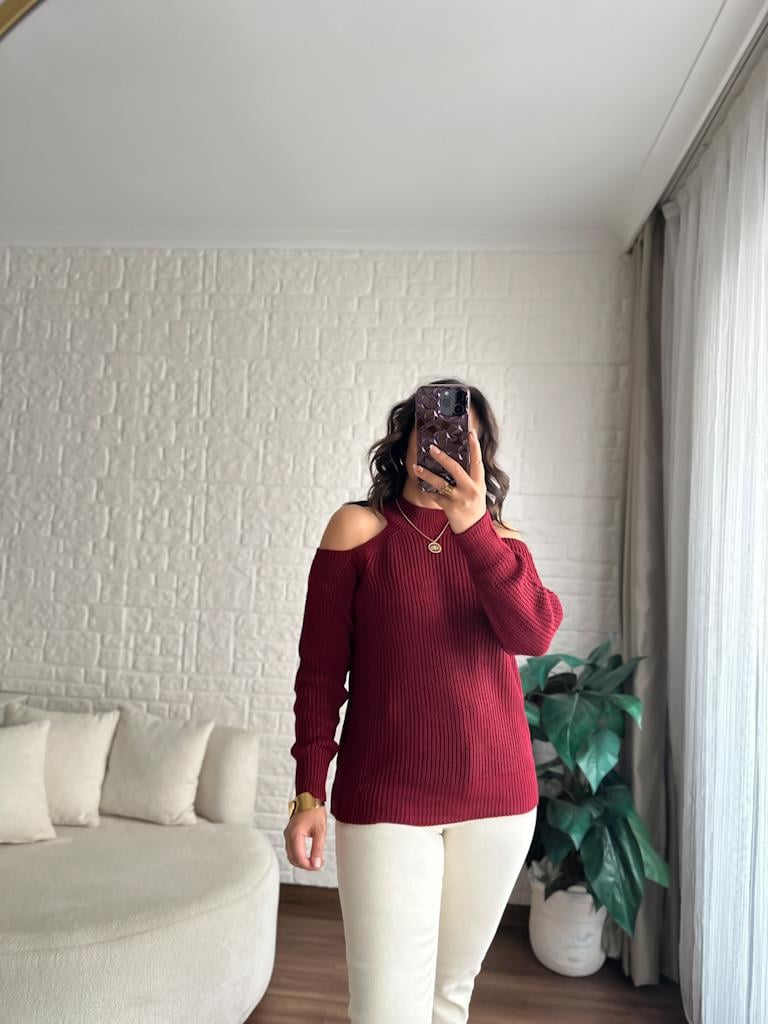 Yarım Balıkçı Omzu Açık Selanik Örme Triko Kazak Bordo