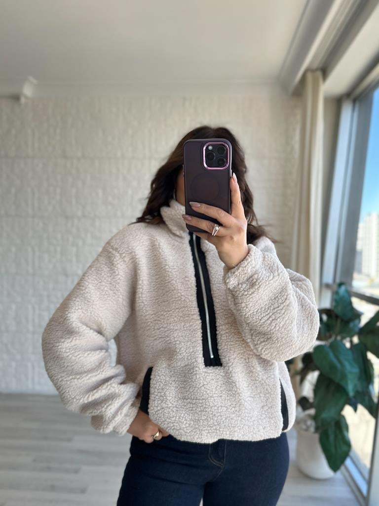 Yarım Fermuarlı Astarlı Teddy Sweatshirt Ceket