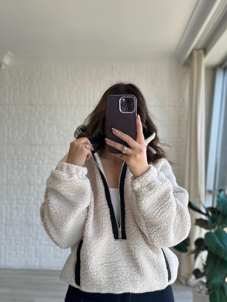 Yarım Fermuarlı Astarlı Teddy Sweatshirt Ceket