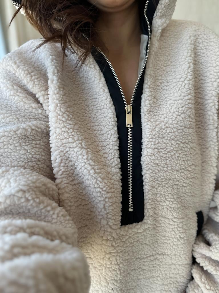 Yarım Fermuarlı Astarlı Teddy Sweatshirt Ceket