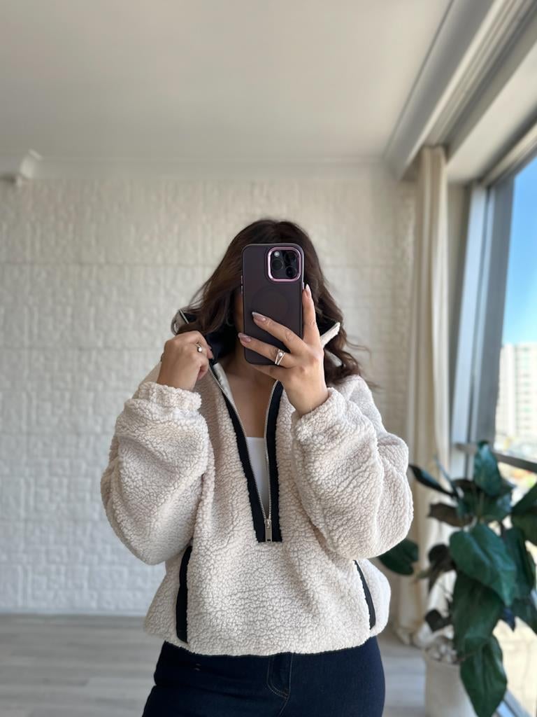 Yarım Fermuarlı Astarlı Teddy Sweatshirt Ceket