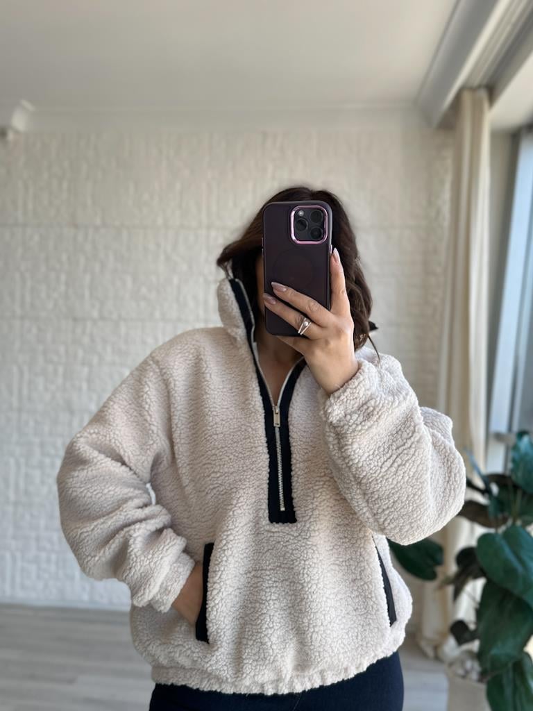 Yarım Fermuarlı Astarlı Teddy Sweatshirt Ceket