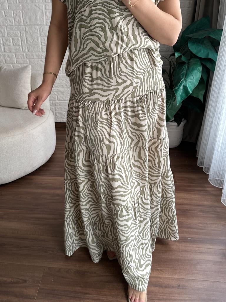 Yeşil Bej Zebra Desen Etek Bluz Viskon Takım