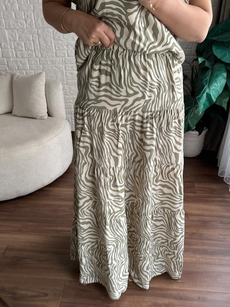 Yeşil Bej Zebra Desen Etek Bluz Viskon Takım
