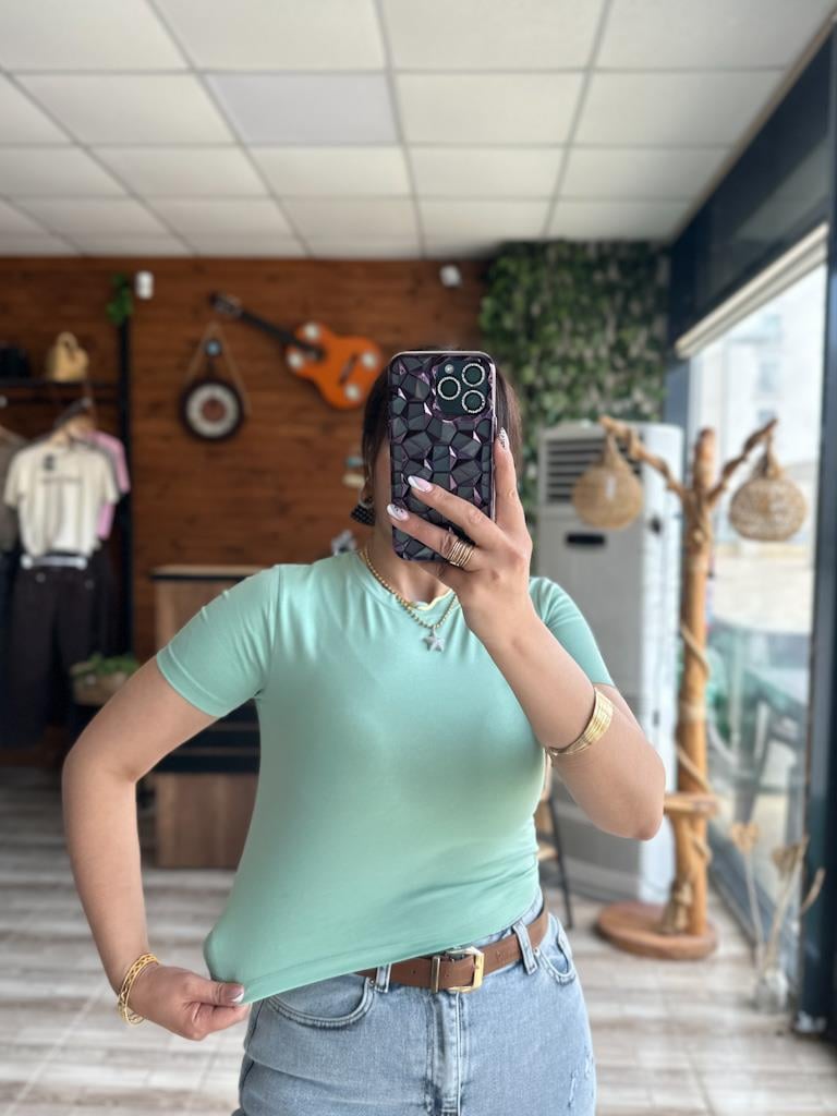 Yeşil Bisiklet Yaka Basic Crop Tişört