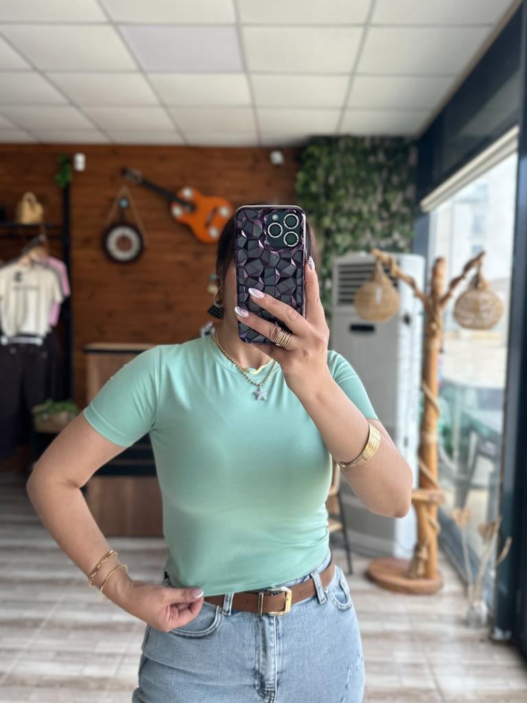 Yeşil Bisiklet Yaka Basic Crop Tişört