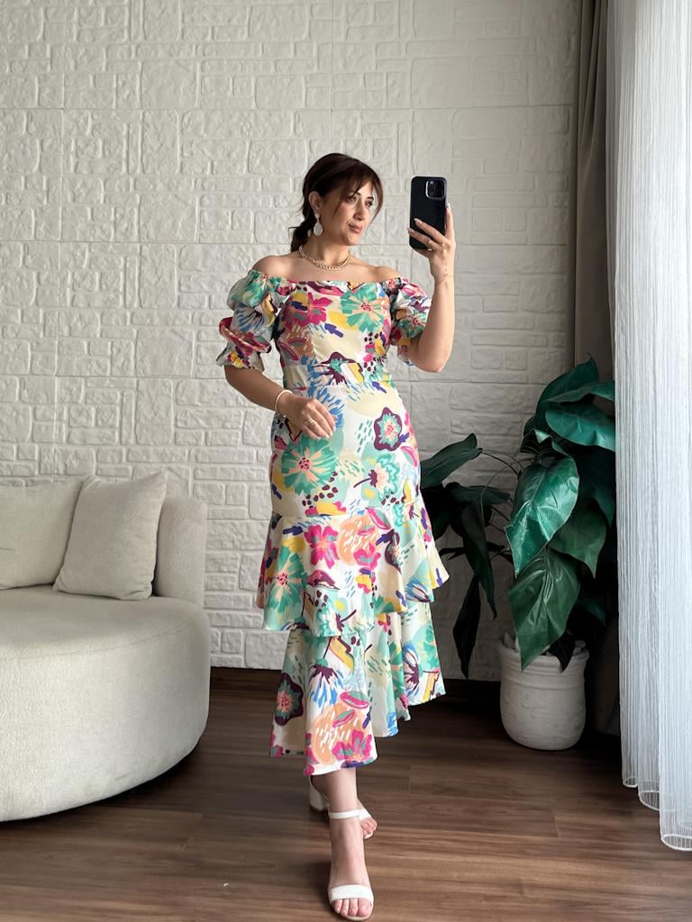 Yeşil Pembe Desenli Alya Yumuşak Poplin Elbise
