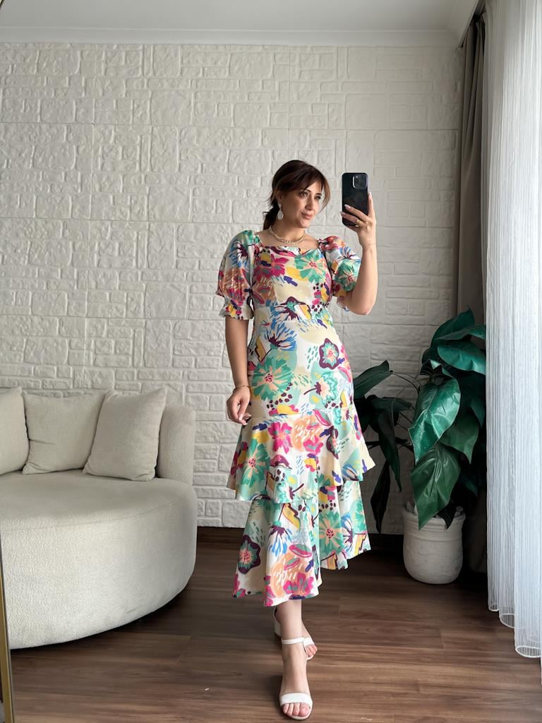 Yeşil Pembe Desenli Alya Yumuşak Poplin Elbise
