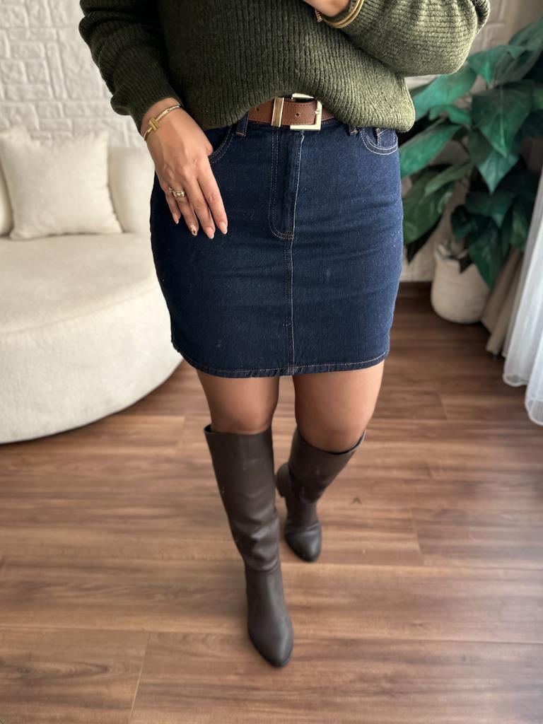 Yüksek Bel Likralı Jean Mini Etek
