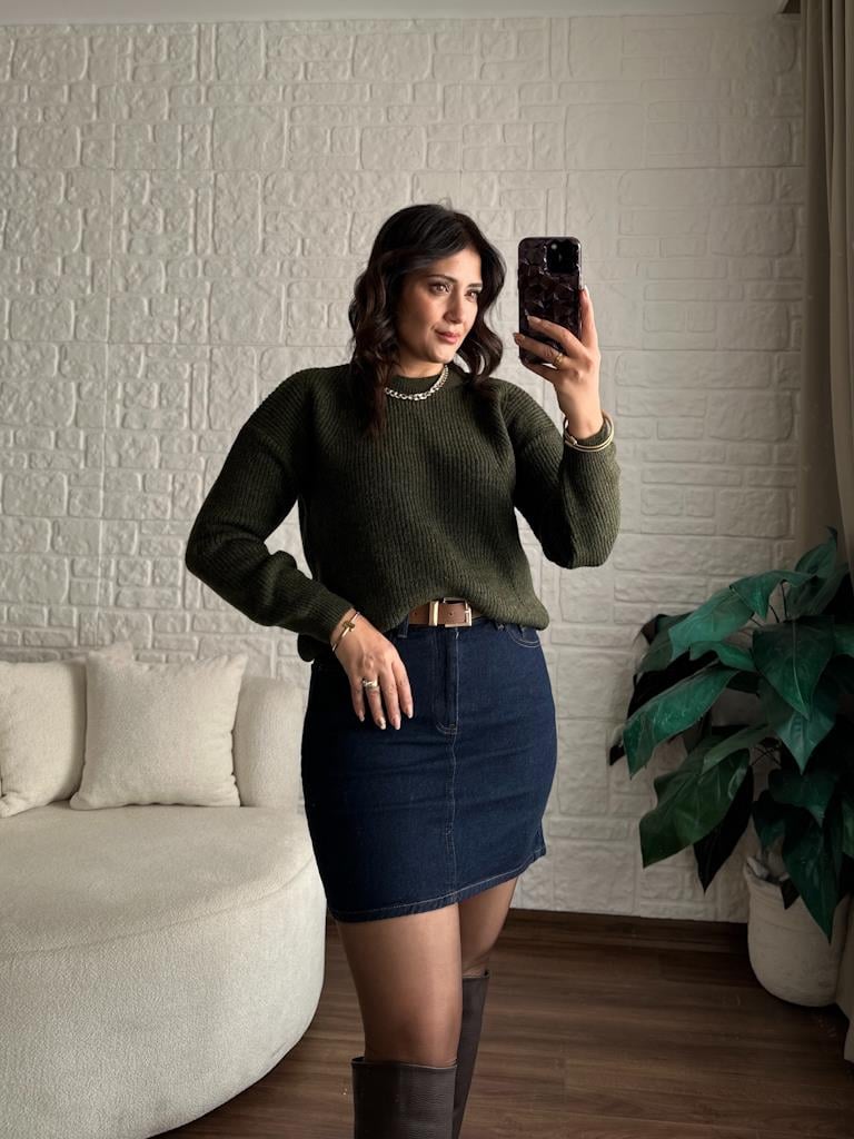 Yüksek Bel Likralı Jean Mini Etek