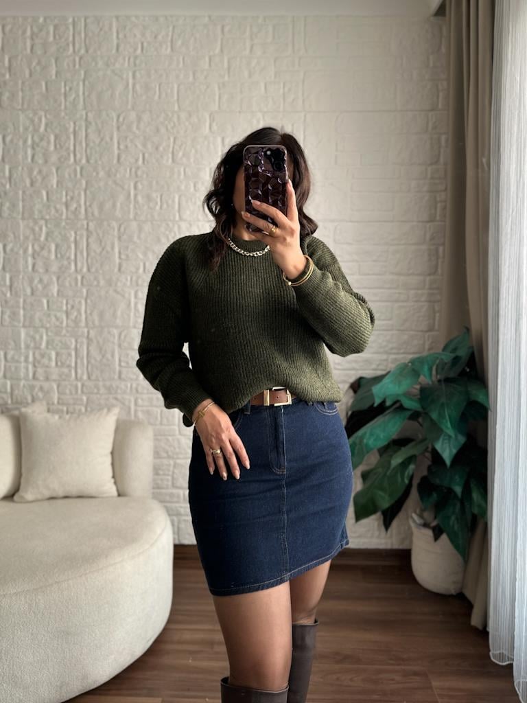 Yüksek Bel Likralı Jean Mini Etek