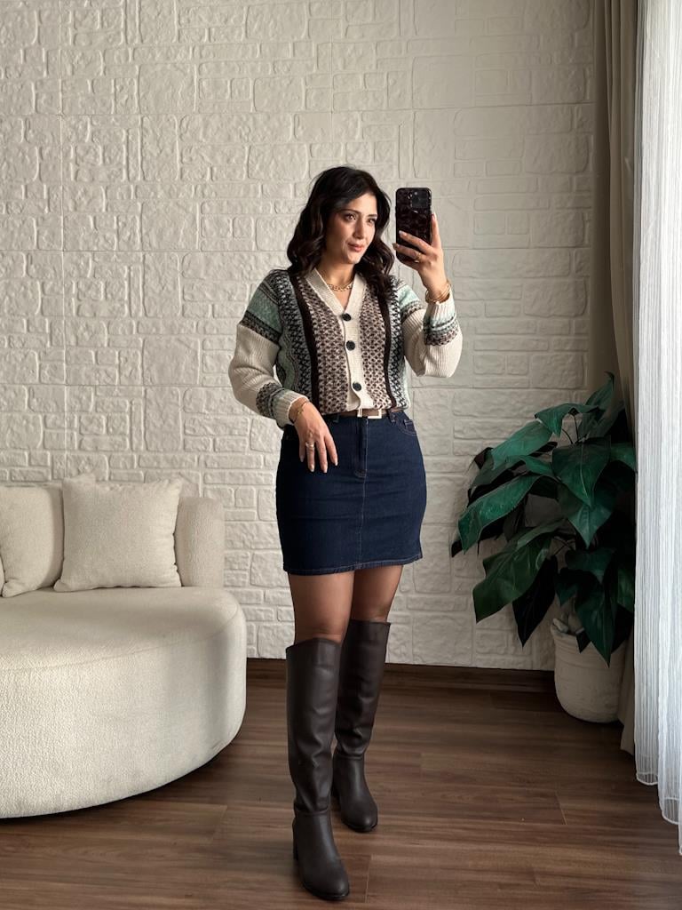 Yüksek Bel Likralı Jean Mini Etek