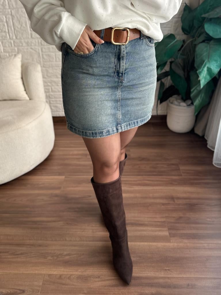 Yüksek Bel Likralı Jean Mini Etek Eskitme