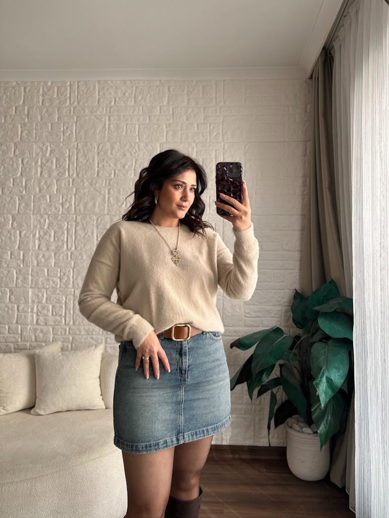 Yüksek Bel Likralı Jean Mini Etek Eskitme
