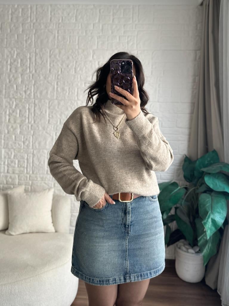 Yüksek Bel Likralı Jean Mini Etek Eskitme