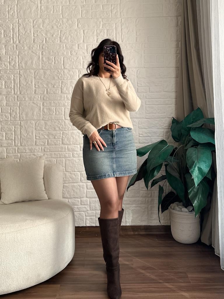 Yüksek Bel Likralı Jean Mini Etek Eskitme
