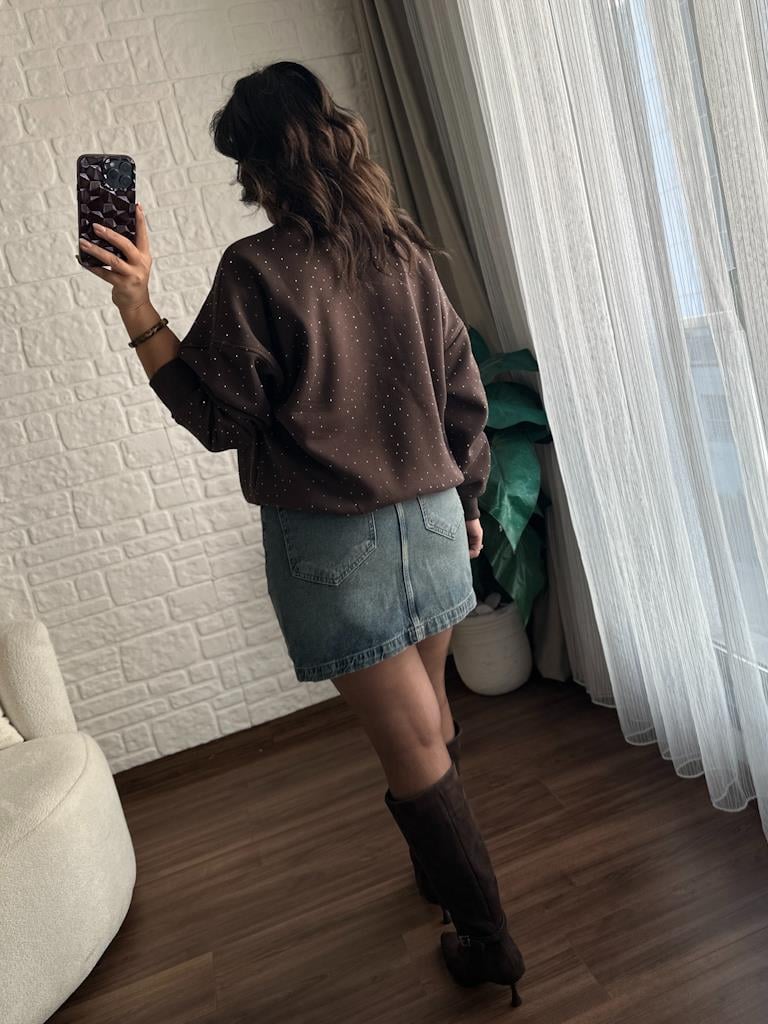 Yüksek Bel Likralı Jean Mini Etek Eskitme