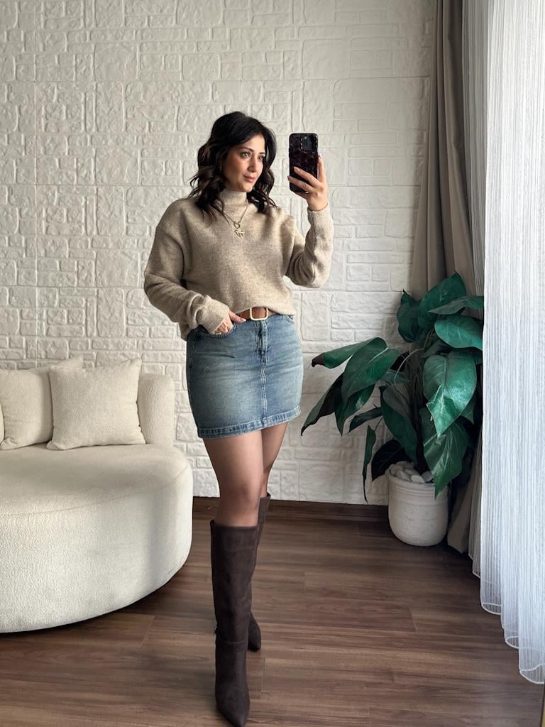 Yüksek Bel Likralı Jean Mini Etek Eskitme
