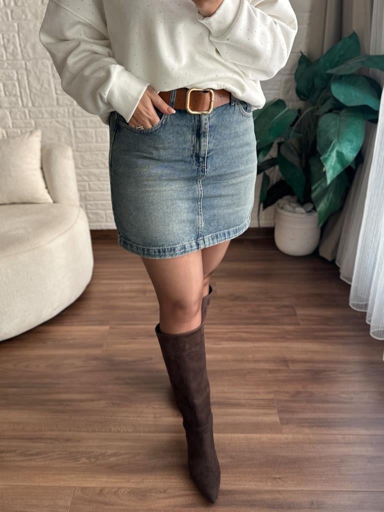 Yüksek Bel Likralı Jean Mini Etek Eskitme