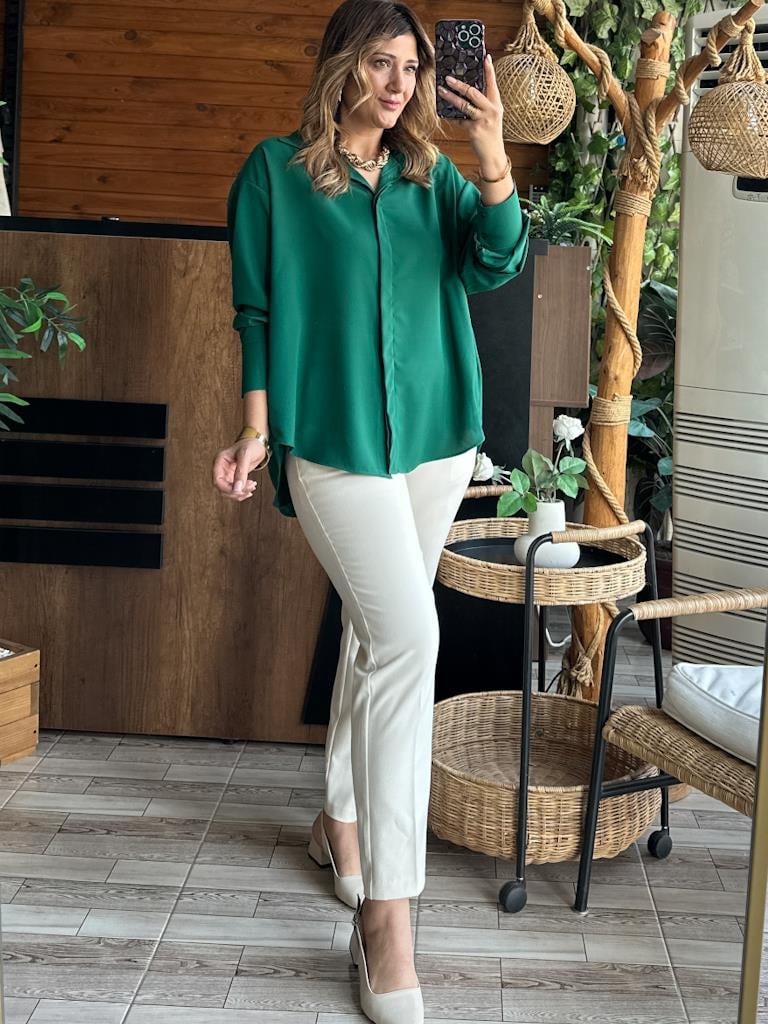 Zümrüt Yeşil  Over Size İpek Krep Gömlek