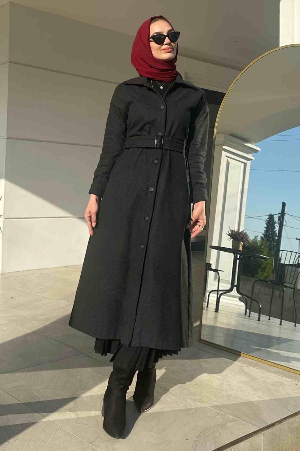 Asmin Kaşe Kap Antrasit | Rabia Şamlı | Tesettür Elbise ve Kadın Giyim Modası