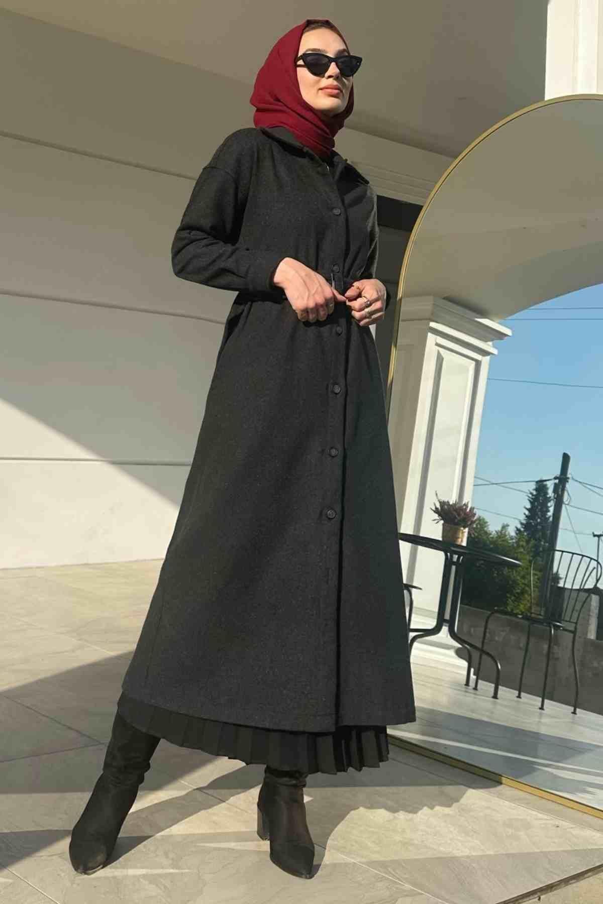 Asmin Kaşe Kap Antrasit | Rabia Şamlı | Tesettür Elbise ve Kadın Giyim Modası