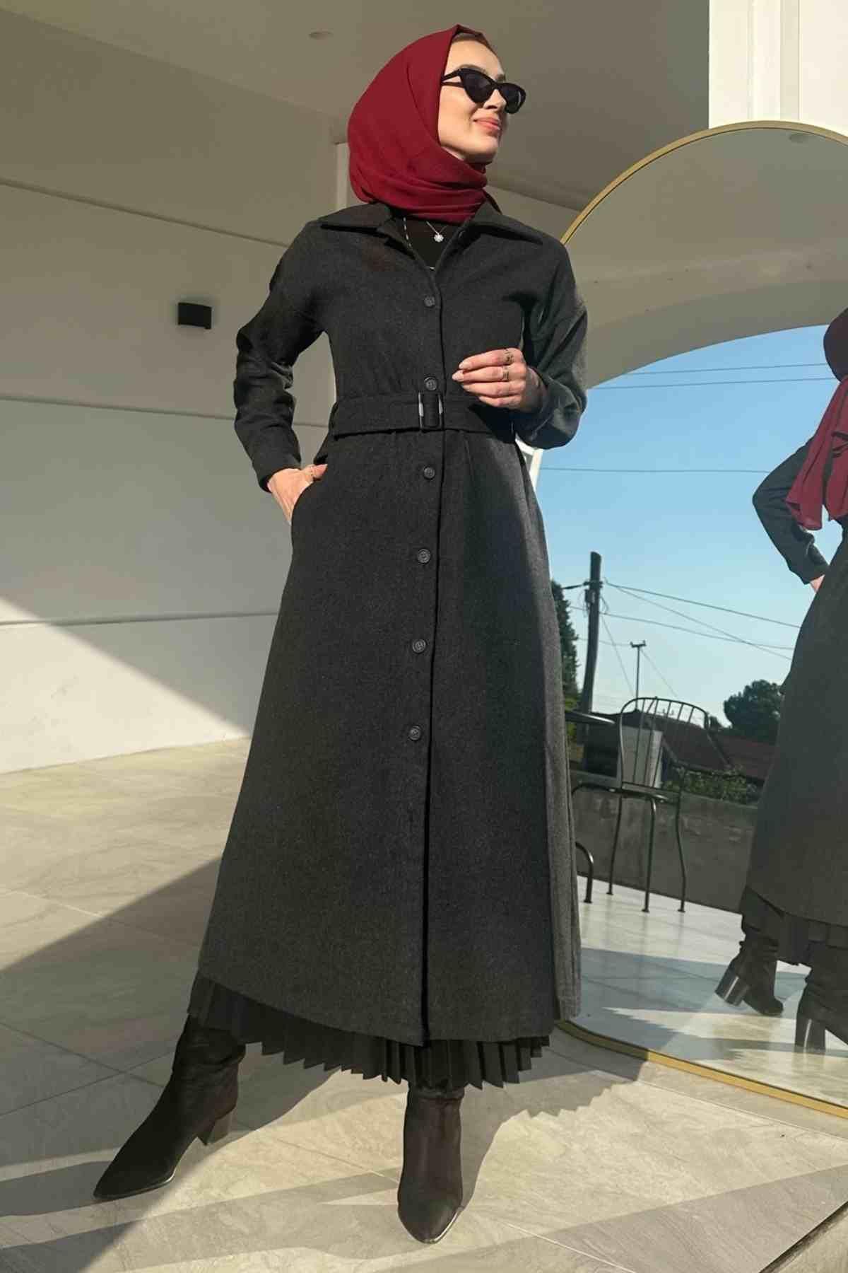 Asmin Kaşe Kap Antrasit | Rabia Şamlı | Tesettür Elbise ve Kadın Giyim Modası