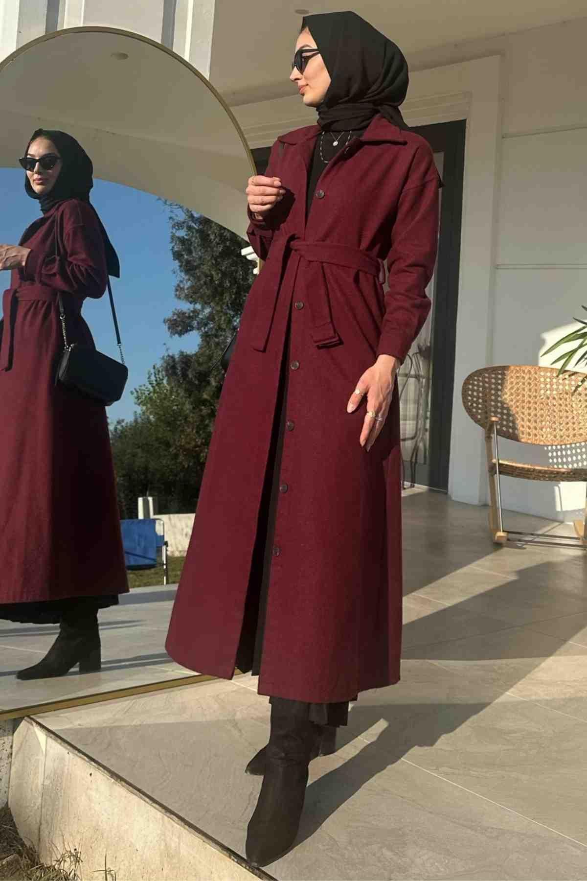 Asmin Kaşe Kap Bordo | Rabia Şamlı | Tesettür Elbise ve Kadın Giyim Modası