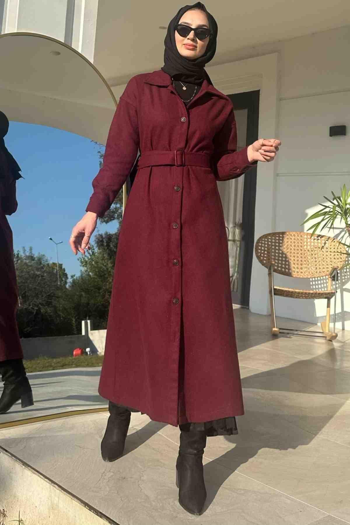 Asmin Kaşe Kap Bordo | Rabia Şamlı | Tesettür Elbise ve Kadın Giyim Modası