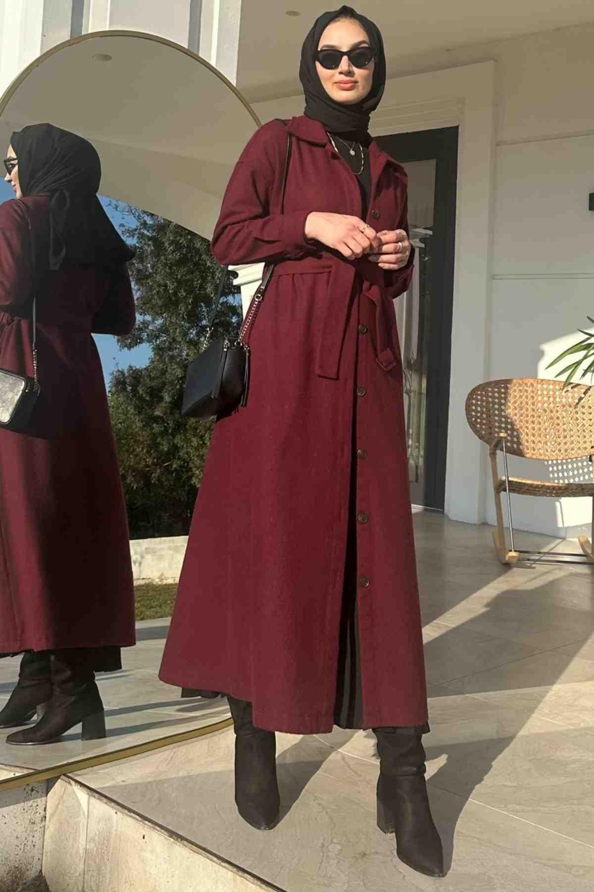 Asmin Kaşe Kap Bordo | Rabia Şamlı | Tesettür Elbise ve Kadın Giyim Modası