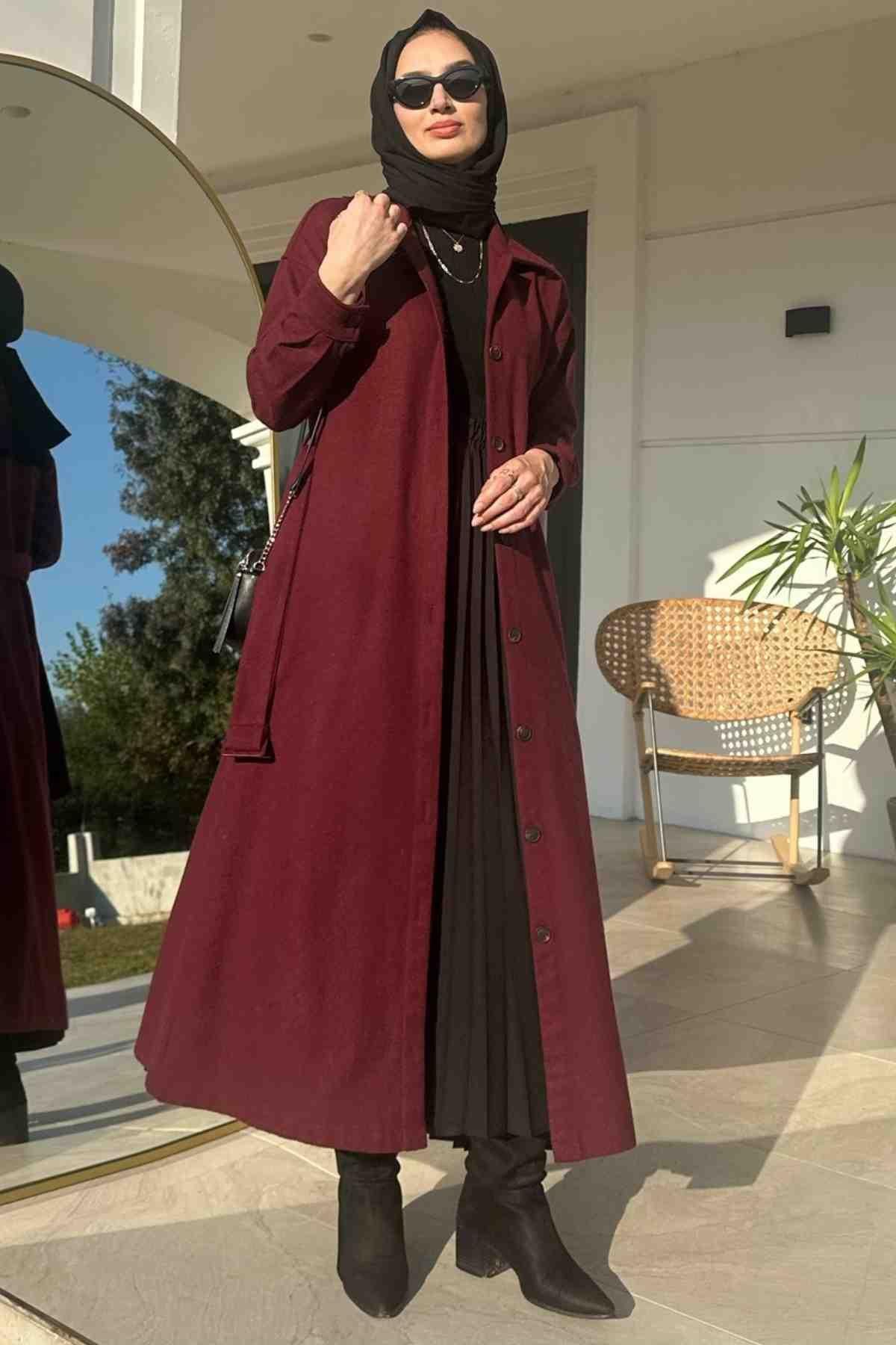 Asmin Kaşe Kap Bordo | Rabia Şamlı | Tesettür Elbise ve Kadın Giyim Modası