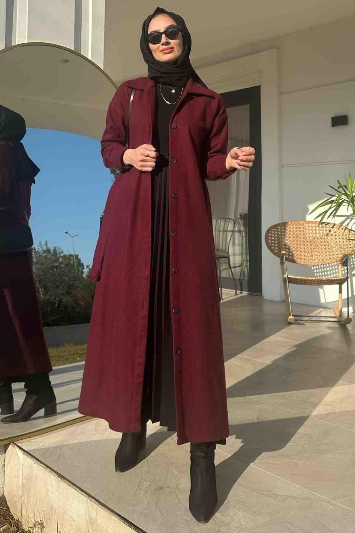 Asmin Kaşe Kap Bordo | Rabia Şamlı | Tesettür Elbise ve Kadın Giyim Modası